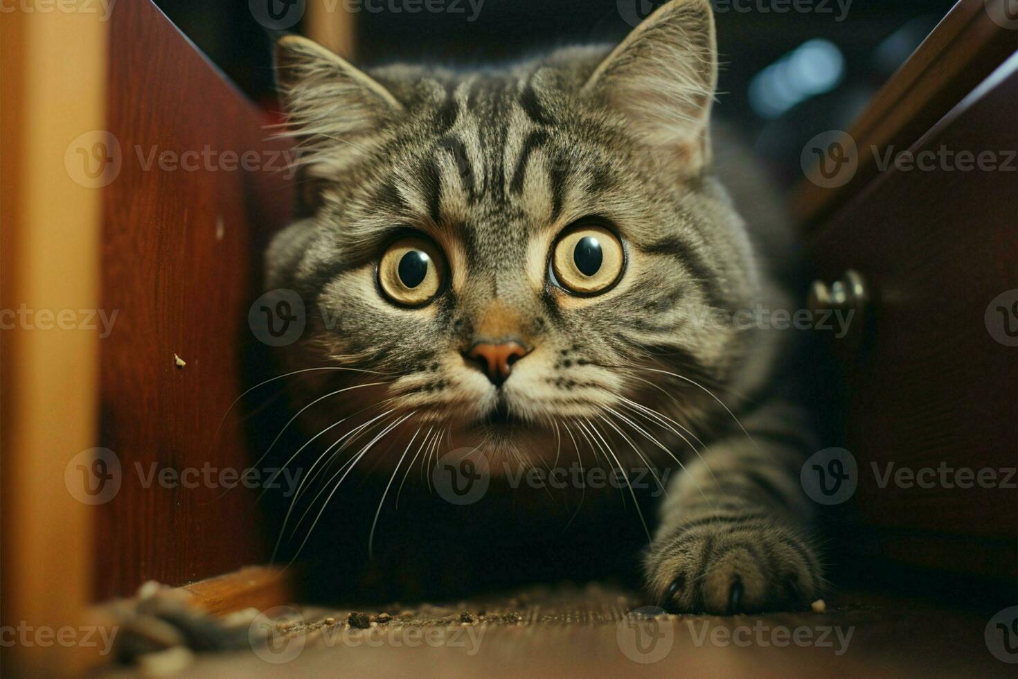 Entdeckung, Frauen Hand offenbart erschrocken Katze Innerhalb Schrank, Augen breit mit Überraschung ai generiert foto