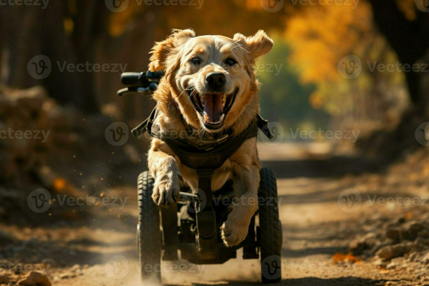 Sommer Anmut, deaktiviert Hund im Rollstuhl findet Freude erkunden Park, Umarmen Mobilität ai generiert foto