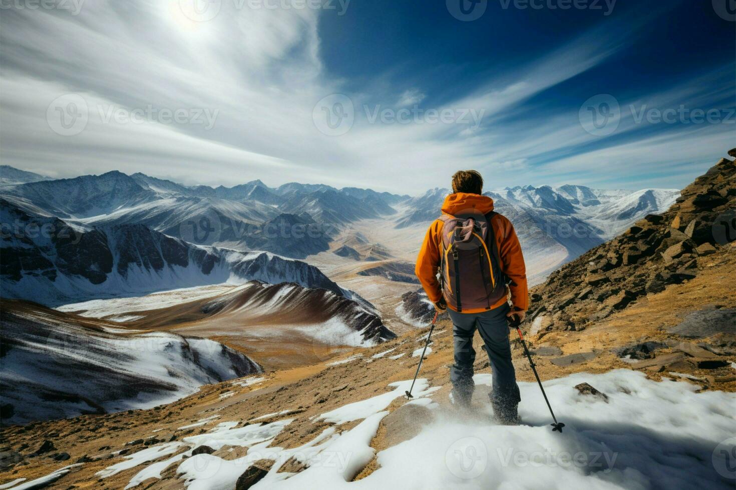 ein Mann, Rucksack An, bewundert das Weite von ein Berg Landschaft ai generiert foto