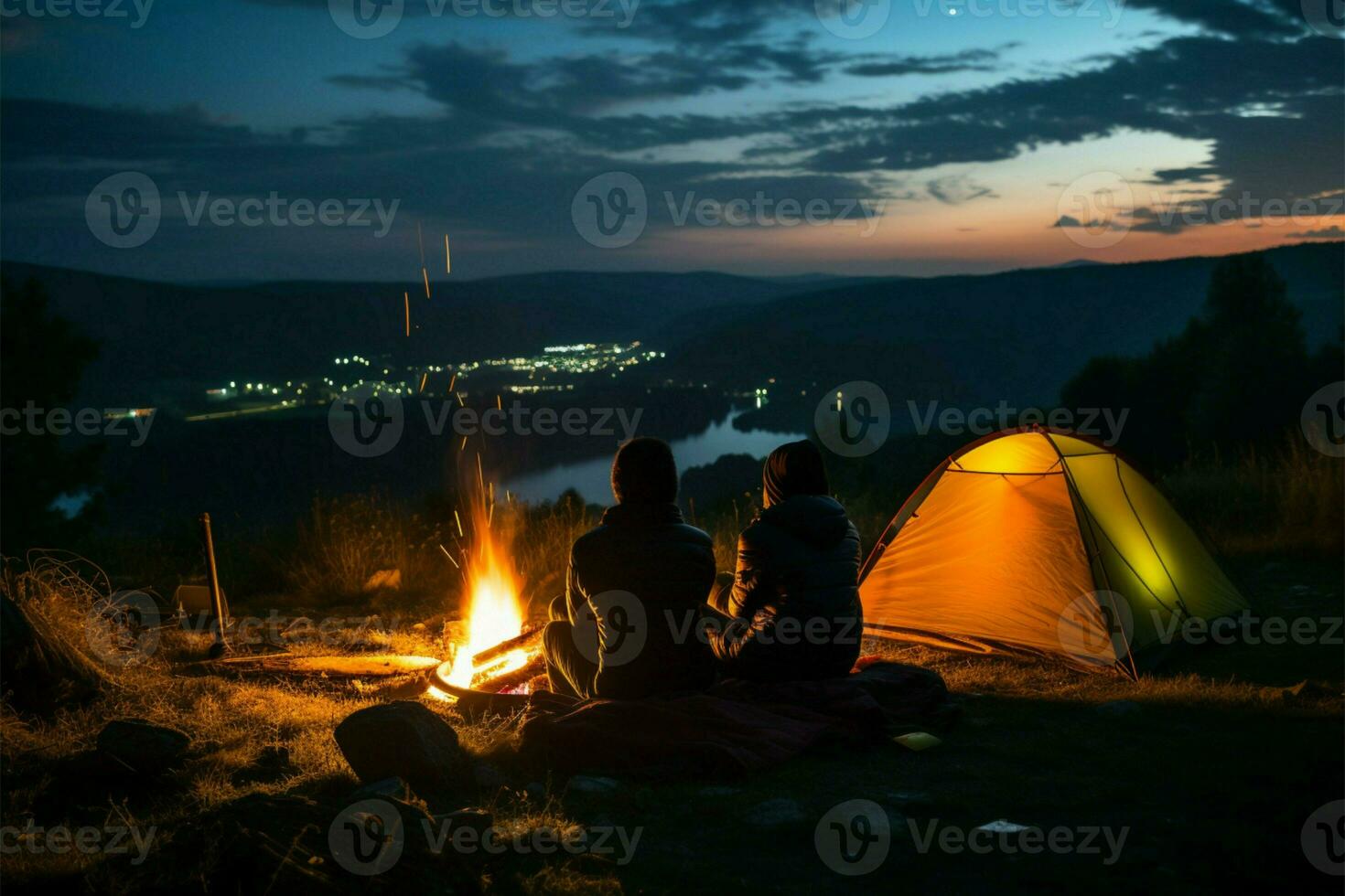 jung Paar entspannen durch Lagerfeuer unter ein sternenklar milchig Weg Himmel ai generiert foto