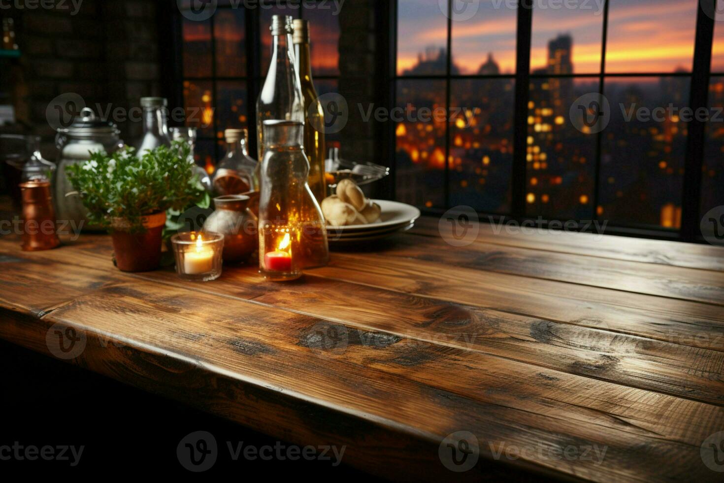 Küche Traumlandschaft, verschwommen Hintergrund Highlights rustikal Holz Tischplatte, einladend kulinarisch Kreativität ai generiert foto