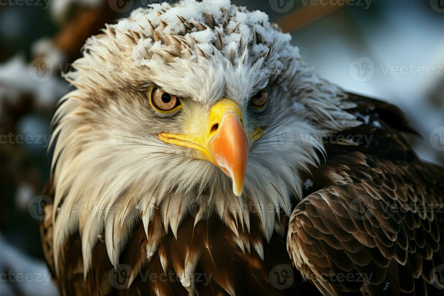 Winter Majestät gefangen im das schließen oben von ein kahl Adler ai generiert foto