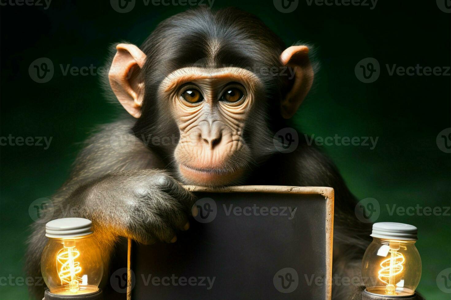 fesselnd Sicht, Affe hält Tafel, Anzeigen es ist einzigartig gesprächig Fähigkeit ai generiert foto