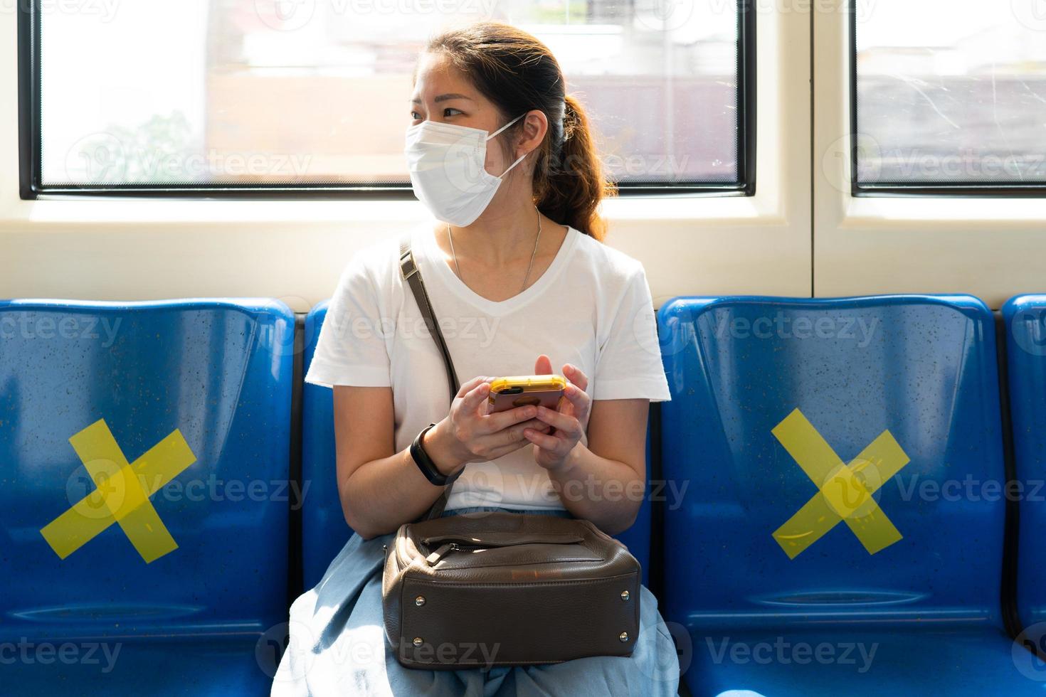 junge asiatische frau, die gesichtsmaske trägt, Smartphone benutzt und im Skytrain sitzt. Sie hält sich während des Ausbruchs von Covid-19 oder des Coronavirus von anderen Menschen fern foto