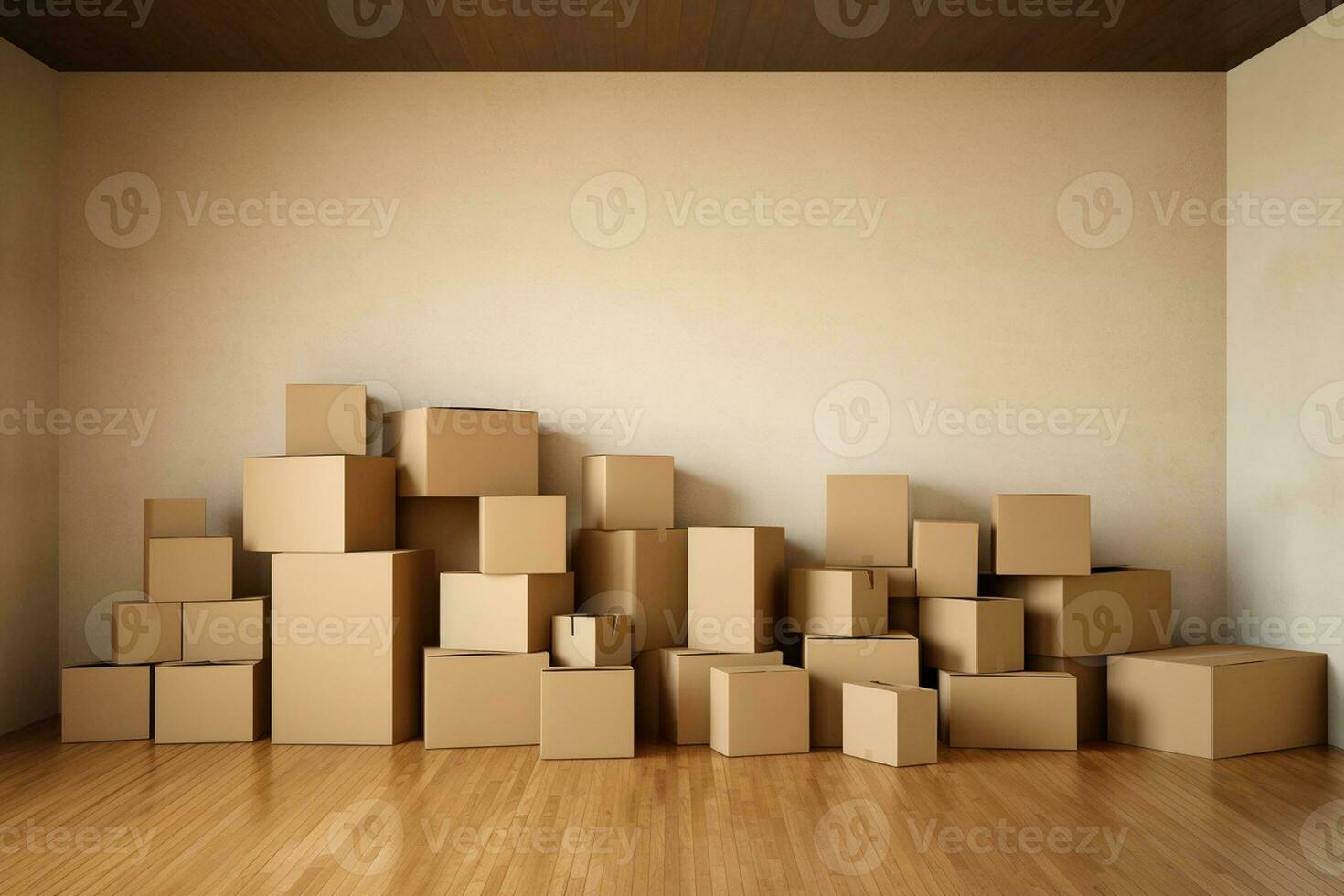 ein Stapel von Karton Kisten im ein leeren Zimmer. generativ durch ai foto