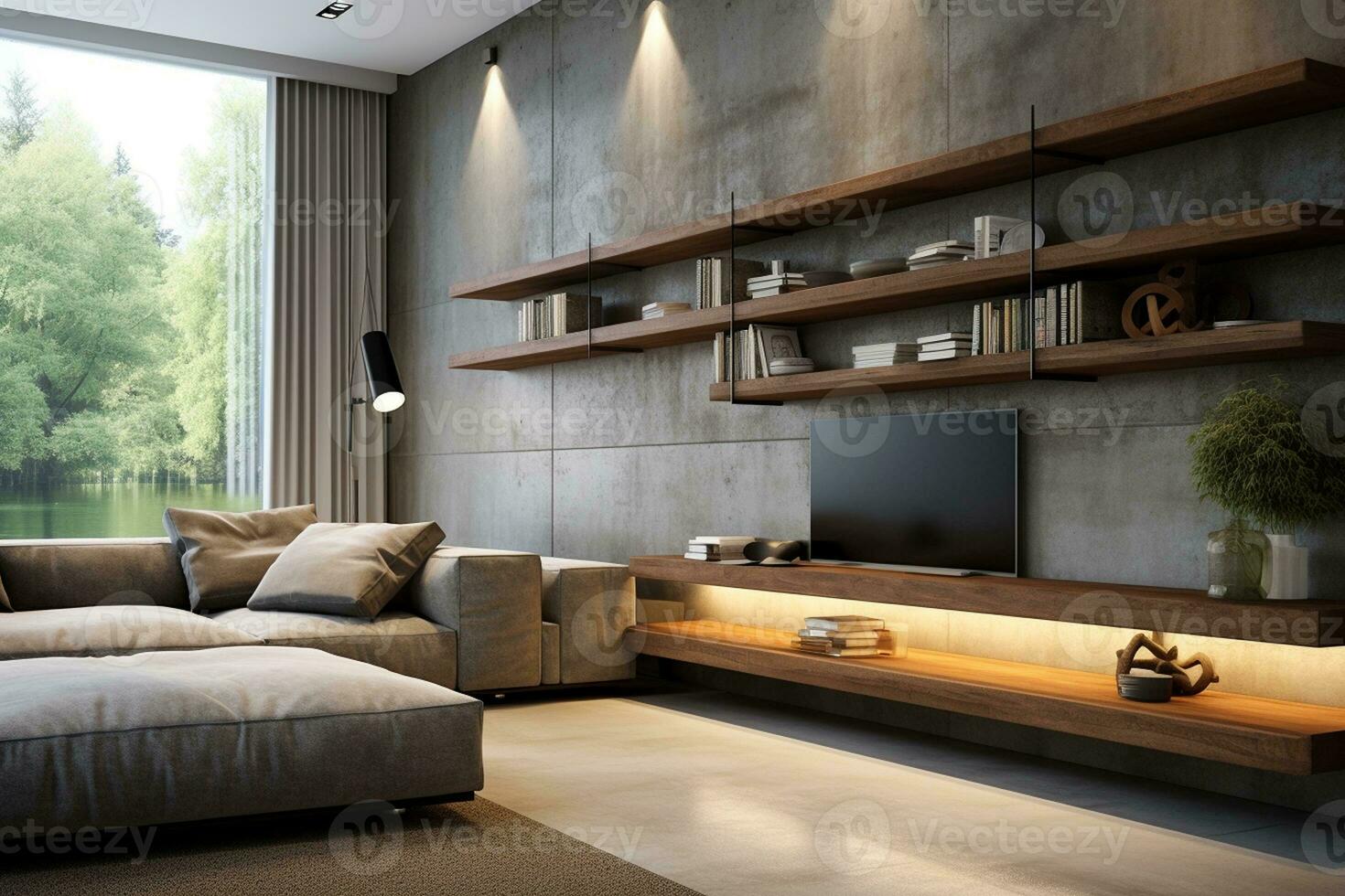 Innere Design mit grau Beton Mauer und Regale. generativ durch ai foto