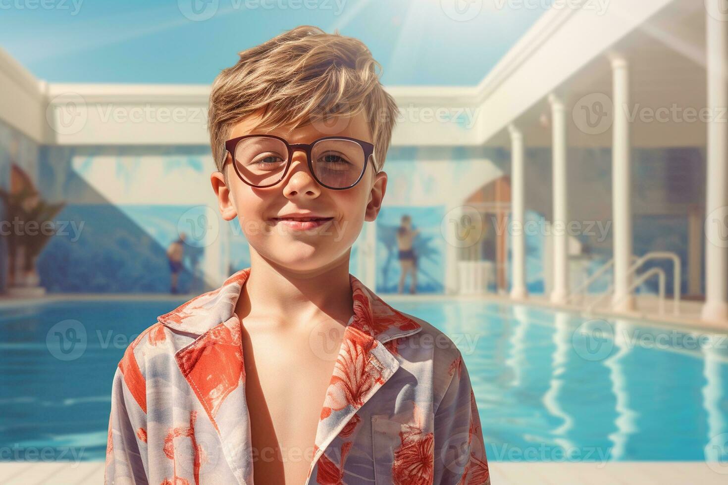 Porträt von ein lächelnd Junge Stehen durch das Schwimmen Schwimmbad, genießen Sommer Spaß. generativ durch ai foto