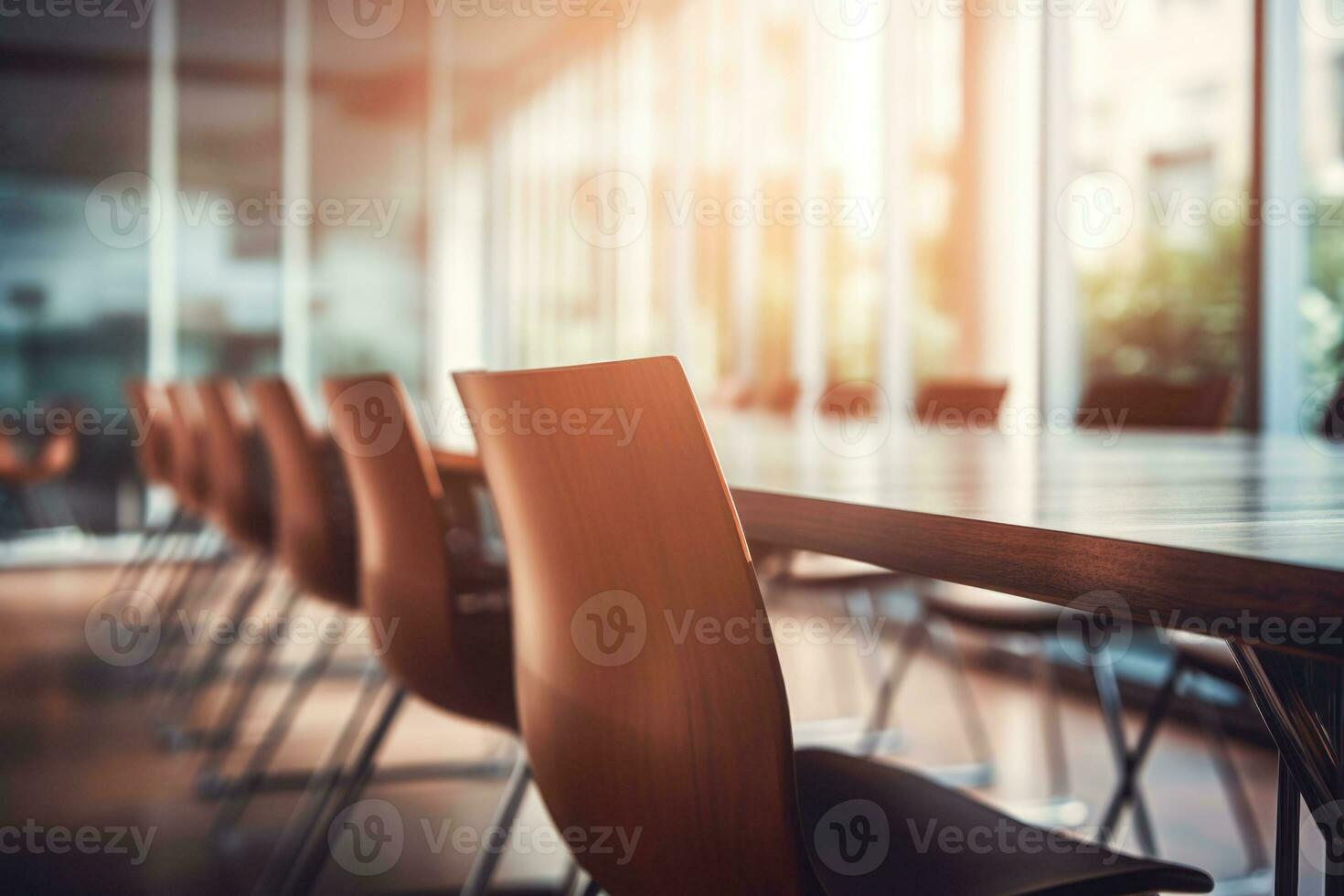 modern minimalistisch zündete Konferenz Zimmer mit verschwommen Hintergrund. Licht Innere von modern Büro ohne Personen. ai generiert foto