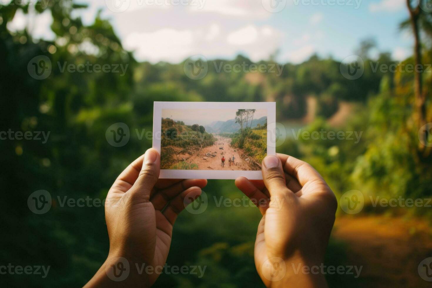 unkenntlich Tourist hält Postkarte im Vorderseite von natürlich Landschaft. ai generiert foto