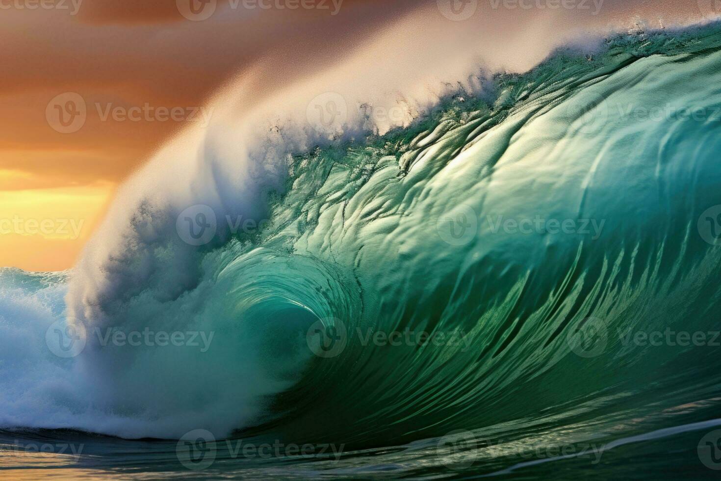 schön tief Blau Tube Welle im das Ozean. Ozean Welle Sonnenaufgang von Innerhalb ein Strand Welle. generativ ai foto