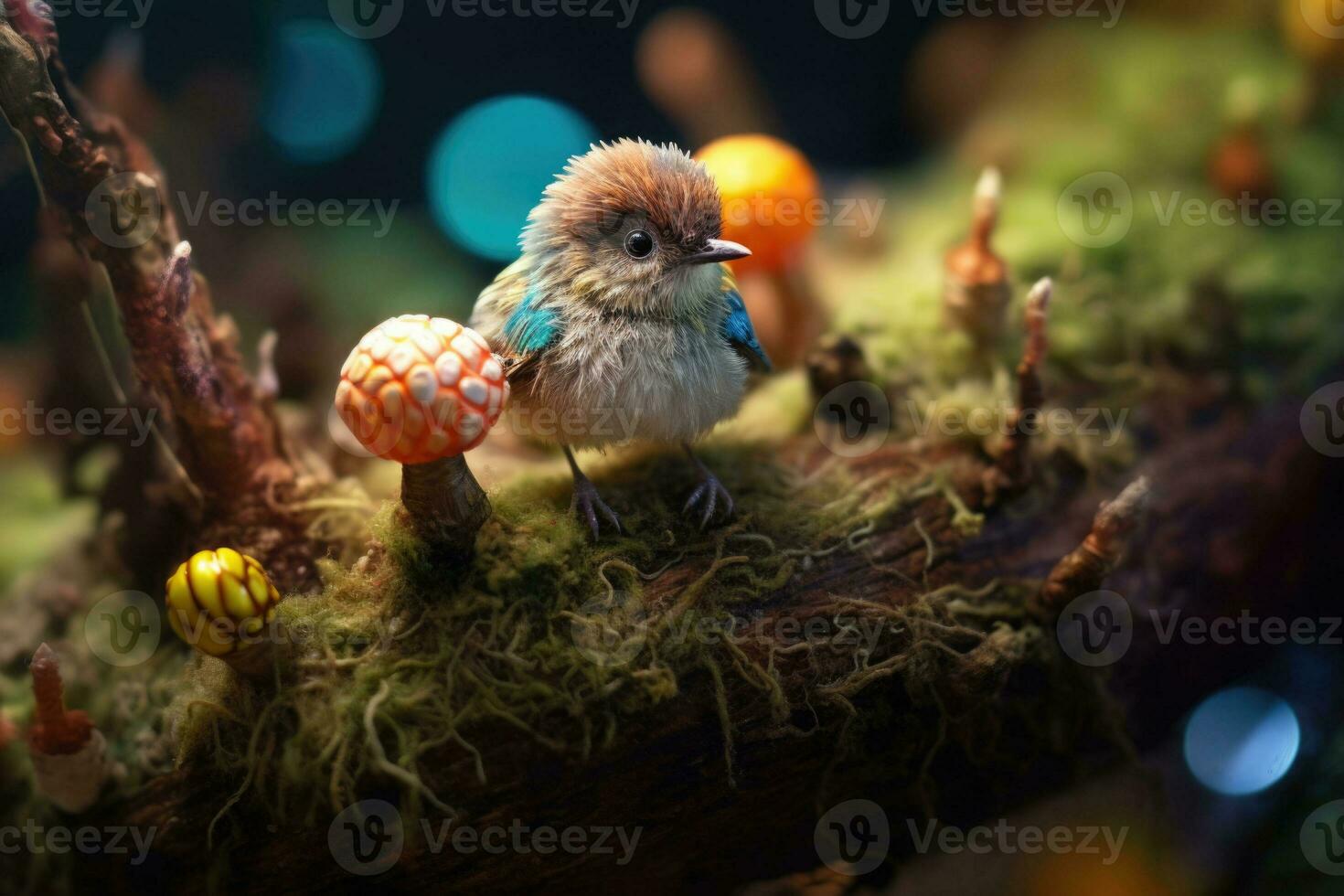 ein wenig süß Vogel auf ein Vogel Nest mit bunt prickelnd Eier ist versteckt auf ein Ast. generativ ai foto