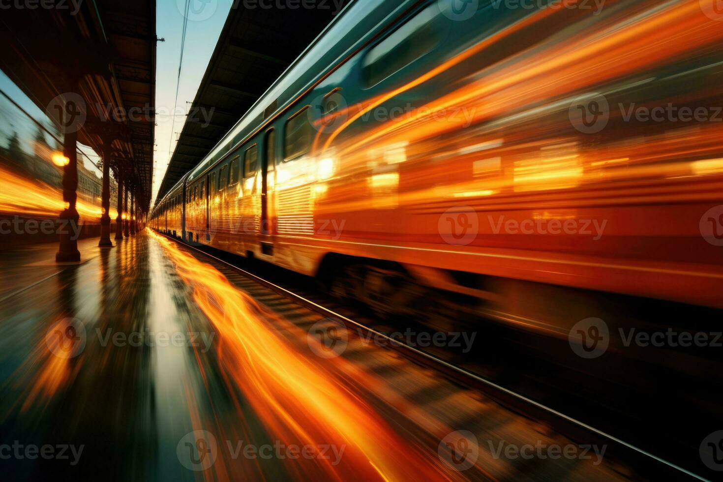 hoch Geschwindigkeit Zug im Bewegung auf Eisenbahn Bahnhof beim Sonnenuntergang. generativ ai foto