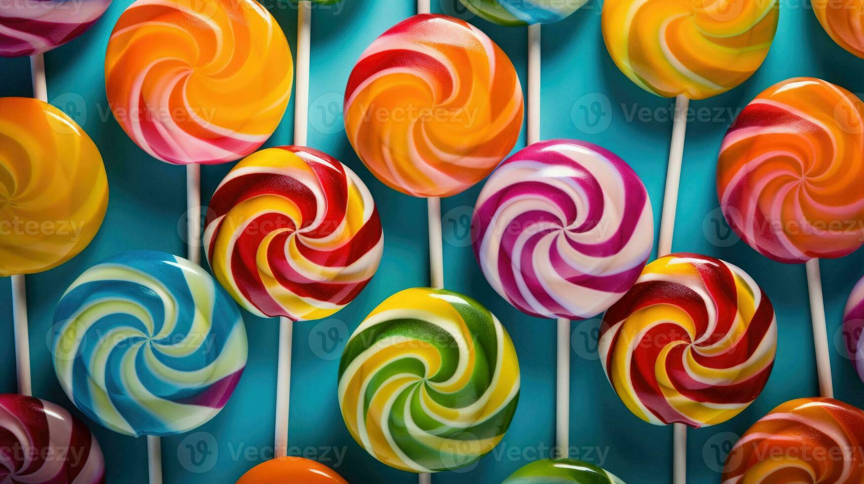 bunt Süßigkeiten und Süßigkeiten. Spiral- Regenbogen Farbe Lutscher. generativ ai foto