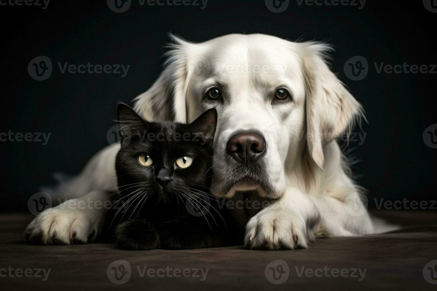 schwarz Katze und Weiß Hund zusammen. Beste Freunde. ai generiert foto