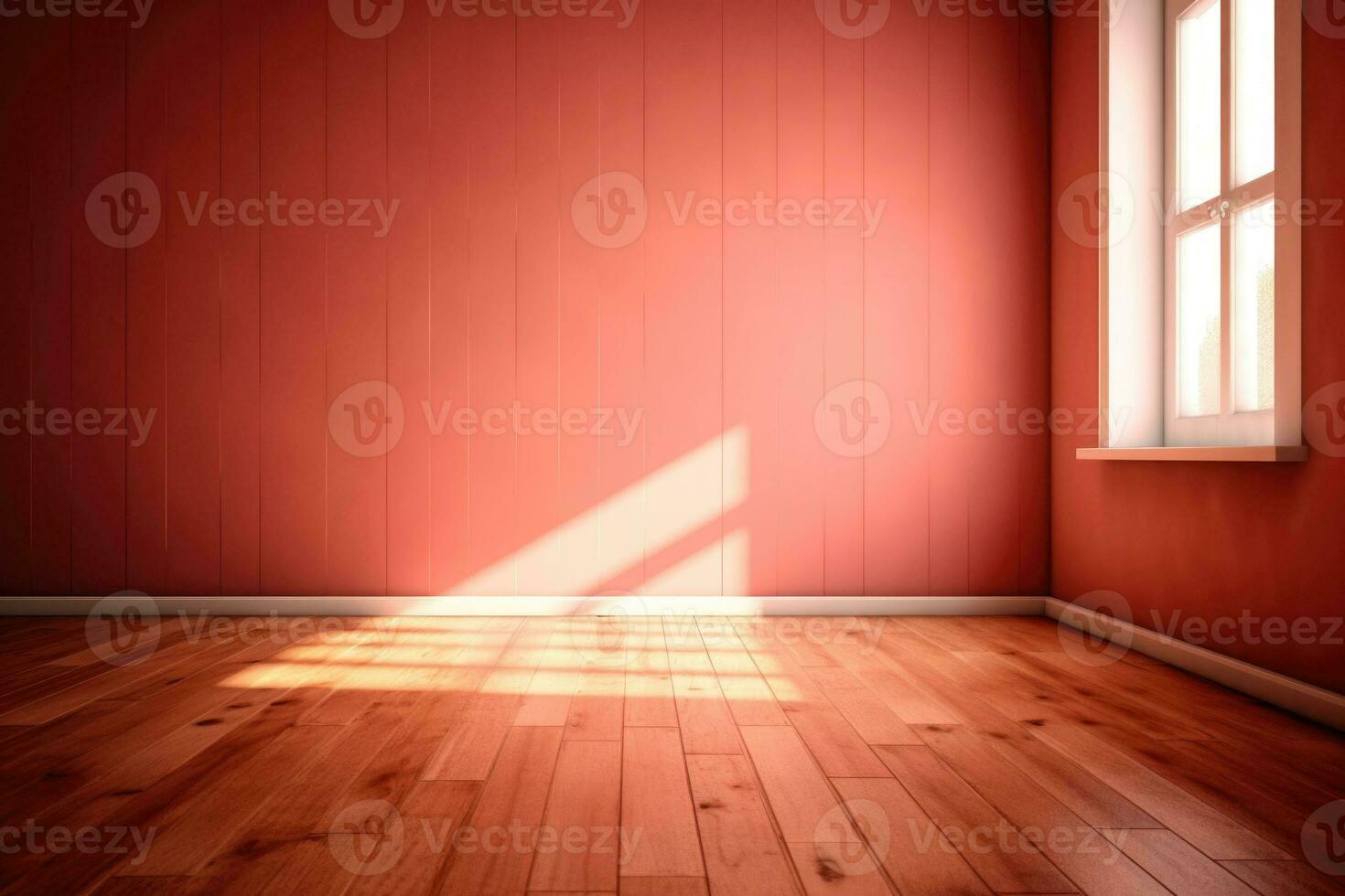 Leben Zimmer mit Sonnenlicht scheinen durch ein gleiten Tür, hölzern Boden, rot Mauer. generativ ai foto