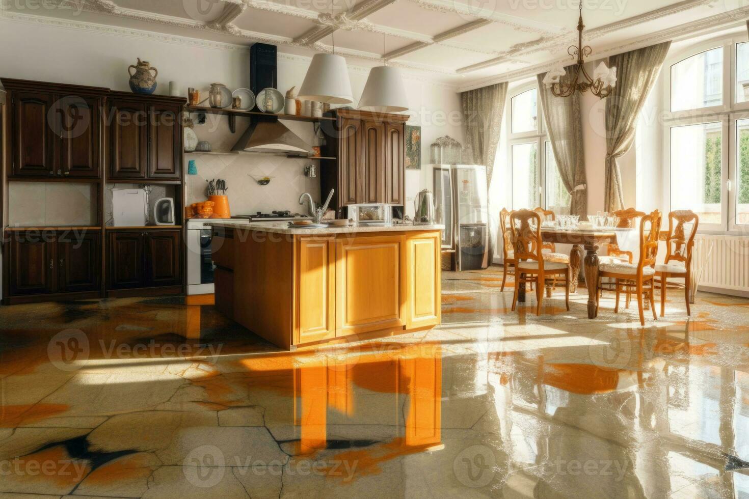 überflutet Fußboden im Küche von Wasser Leck. Schaden. Eigentum Versicherung. generativ ai foto