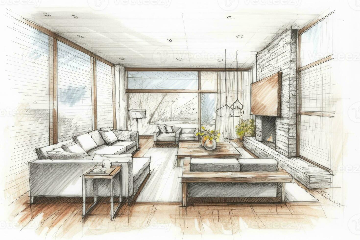 Detail konzentriert Hand gezeichnet skizzieren von das Innere von ein glatt modern heim. generativ ai foto