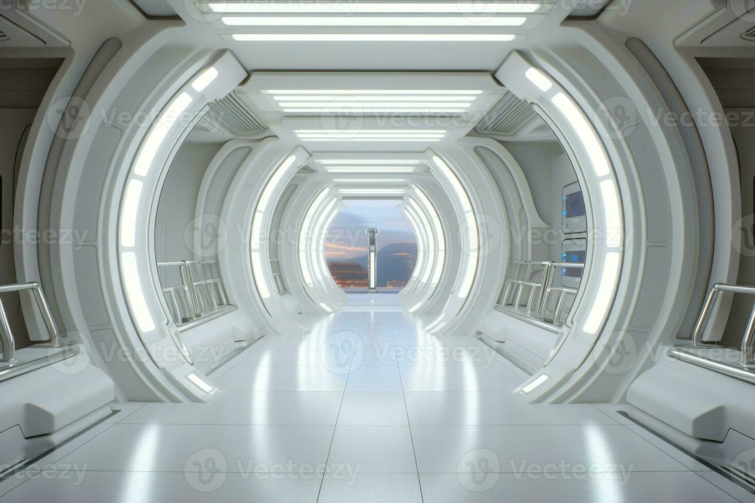 ein Flur im ein futuristisch Raumschiff. Gang Innerhalb Raum Bahnhof. generativ ai foto