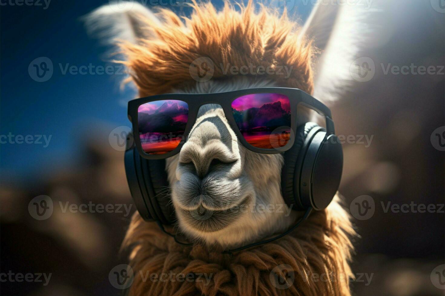 Lamas Rille, tragen Gläser, hat verloren im Musik beschwingt Welt ai generiert foto