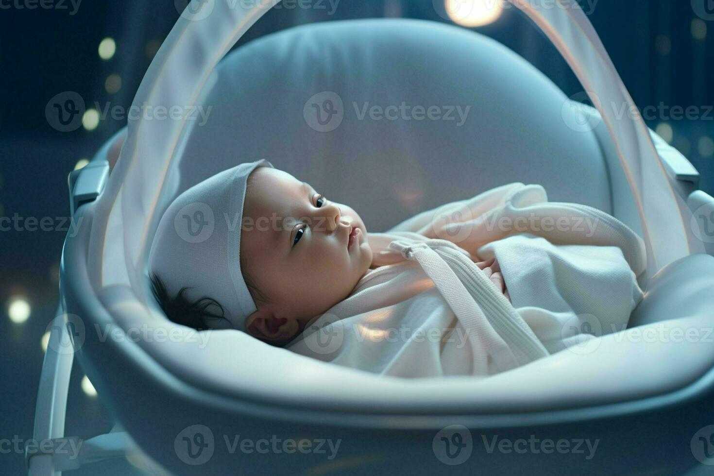 süß wenig Baby Schlafen im ein Baby Auto Sitz beim heim. ai generiert Profi Foto