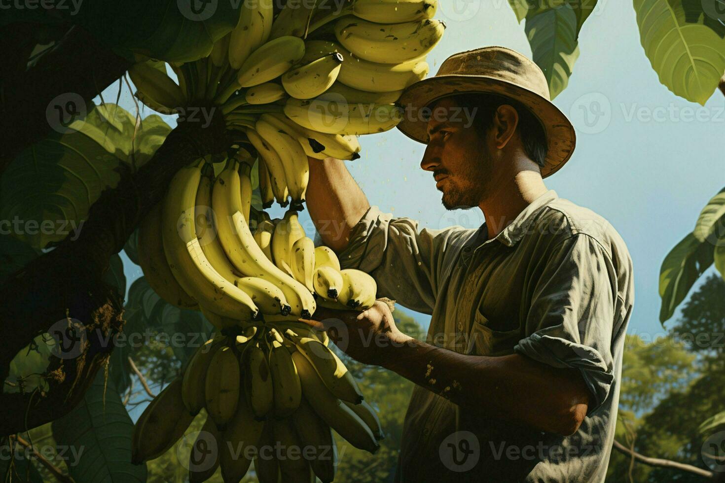 Farmer Arbeiten im ein Banane Plantage, Ernte von reif Bananen. ai generiert Profi Foto