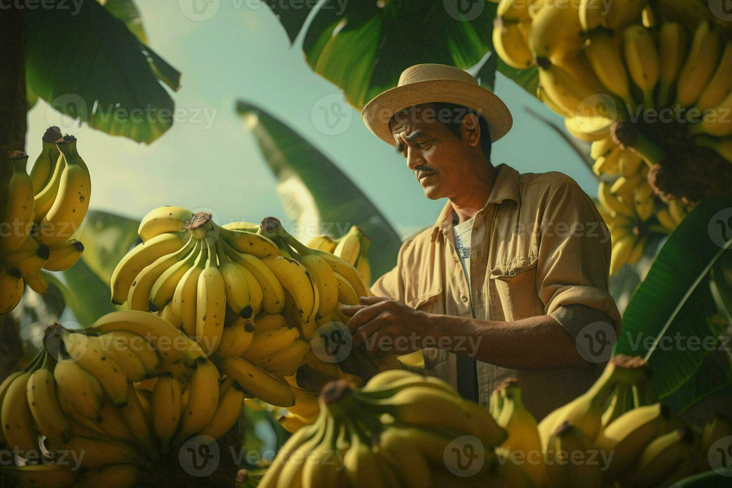Farmer Arbeiten im ein Banane Plantage, Ernte von reif Bananen. ai generiert Profi Foto