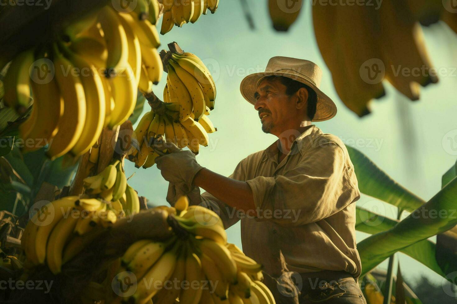 Farmer Arbeiten im ein Banane Plantage, Ernte von reif Bananen. ai generiert Profi Foto