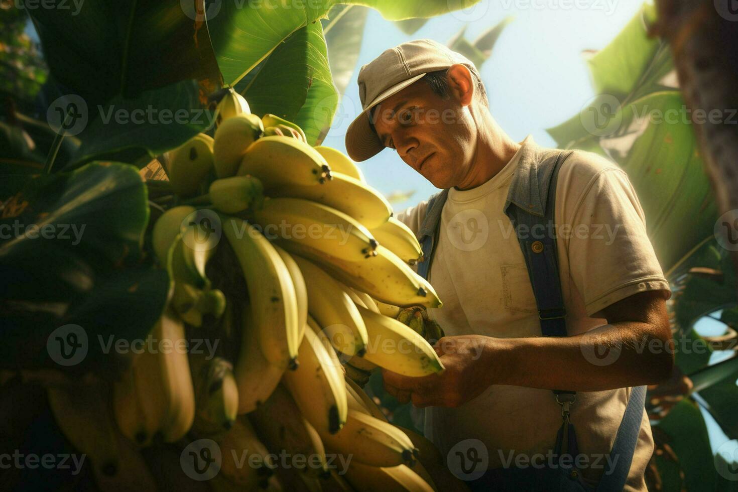 Farmer Arbeiten im ein Banane Plantage, Ernte von reif Bananen. ai generiert Profi Foto