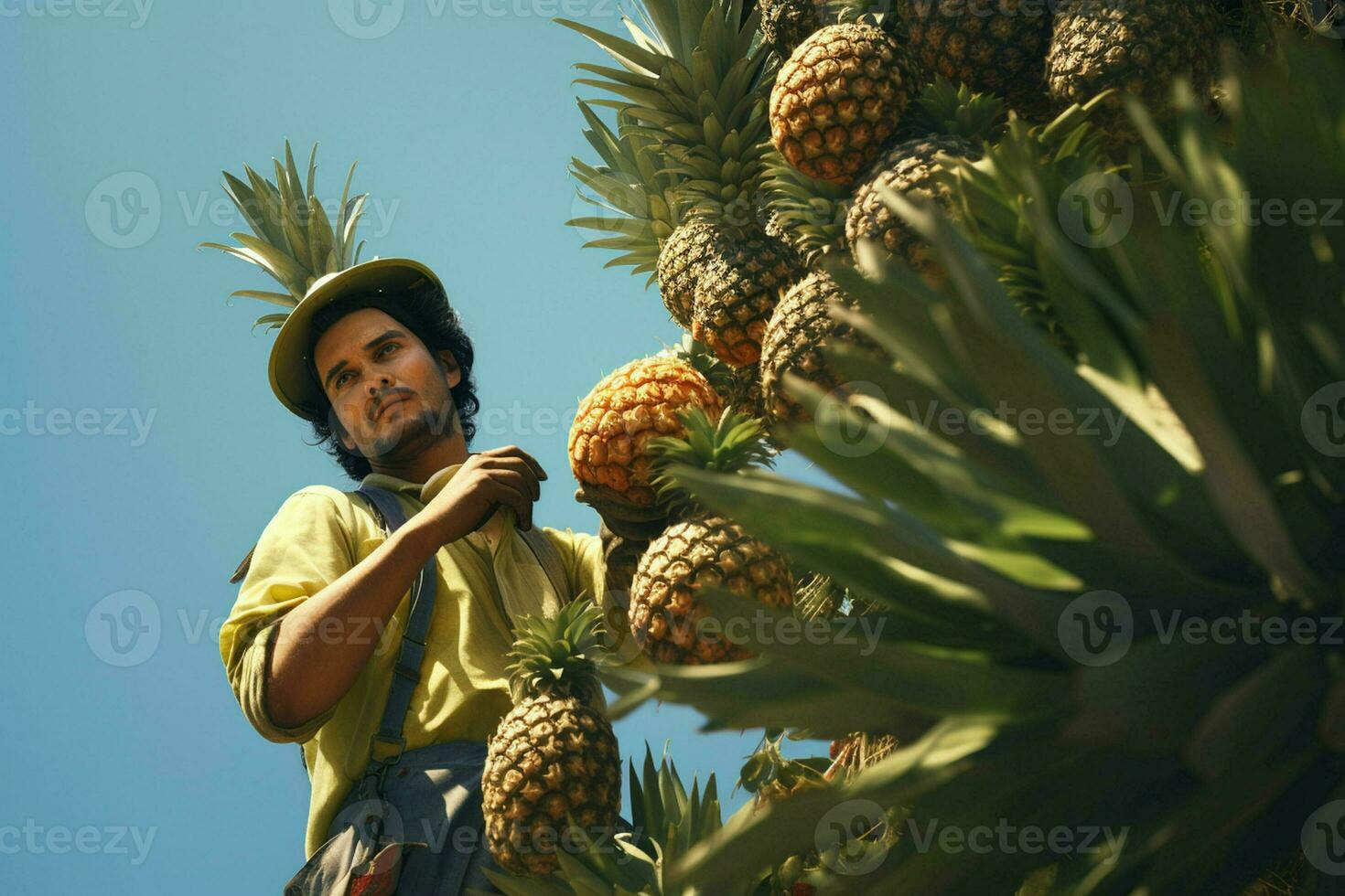 ein Mann Ernte Ananas im das Feld. Konzept von Ernte Ananas. ai generiert Profi Foto