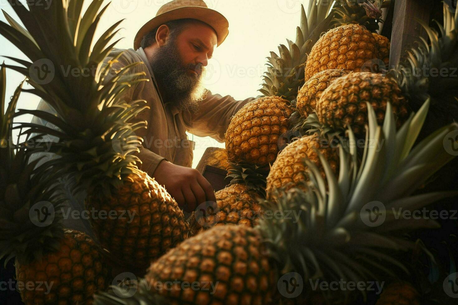 ein Mann Ernte Ananas im das Feld. Konzept von Ernte Ananas. ai generiert Profi Foto