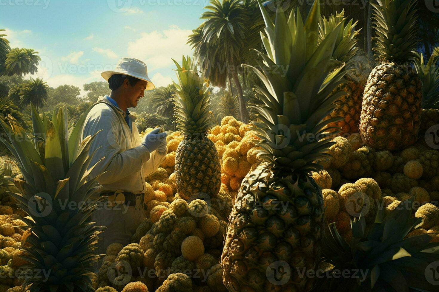 ein Mann Ernte Ananas im das Feld. Konzept von Ernte Ananas. ai generiert Profi Foto