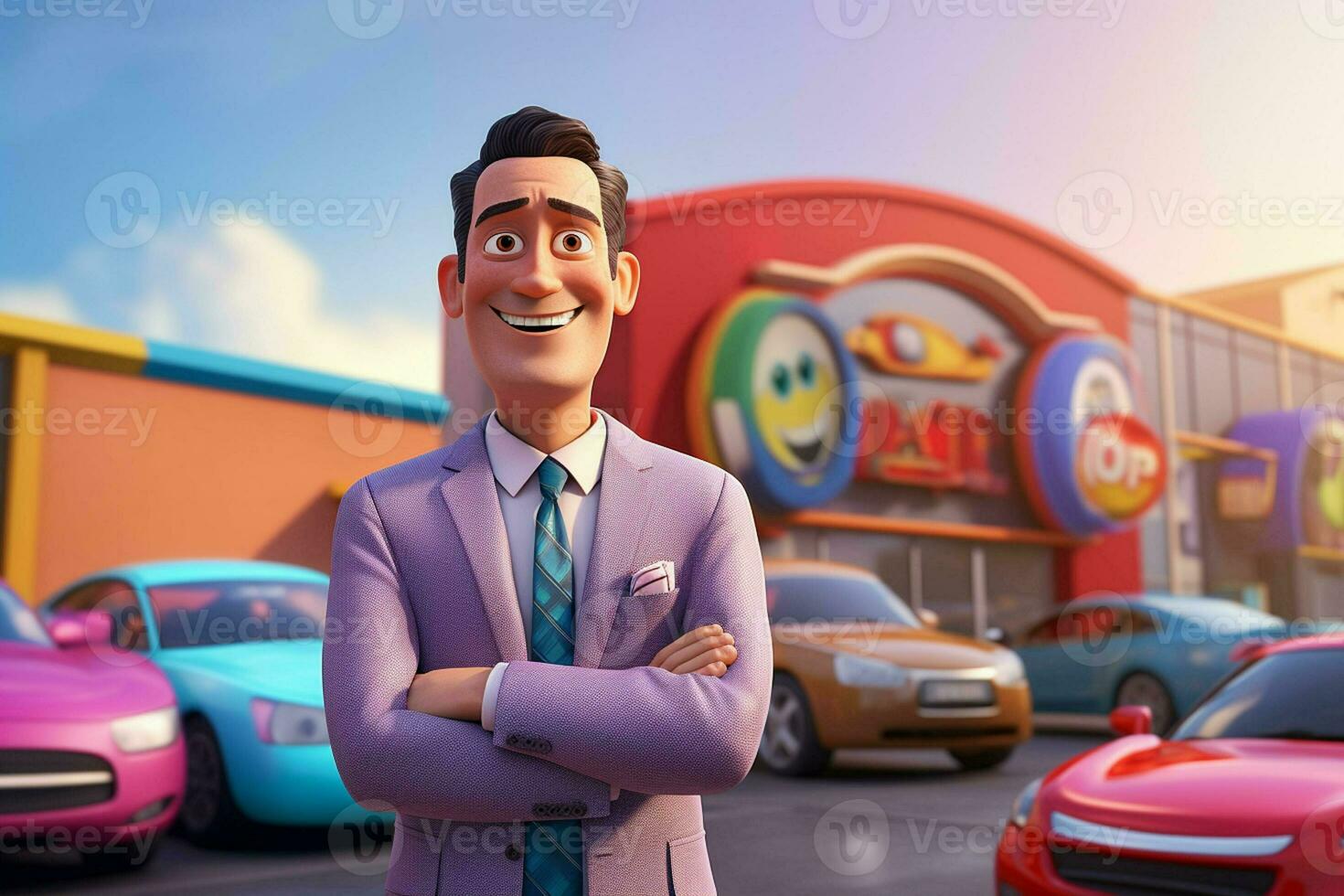 3d Illustration von ein Karikatur Geschäftsmann Stehen im Vorderseite von ein Auto Park. ai generiert Profi Foto