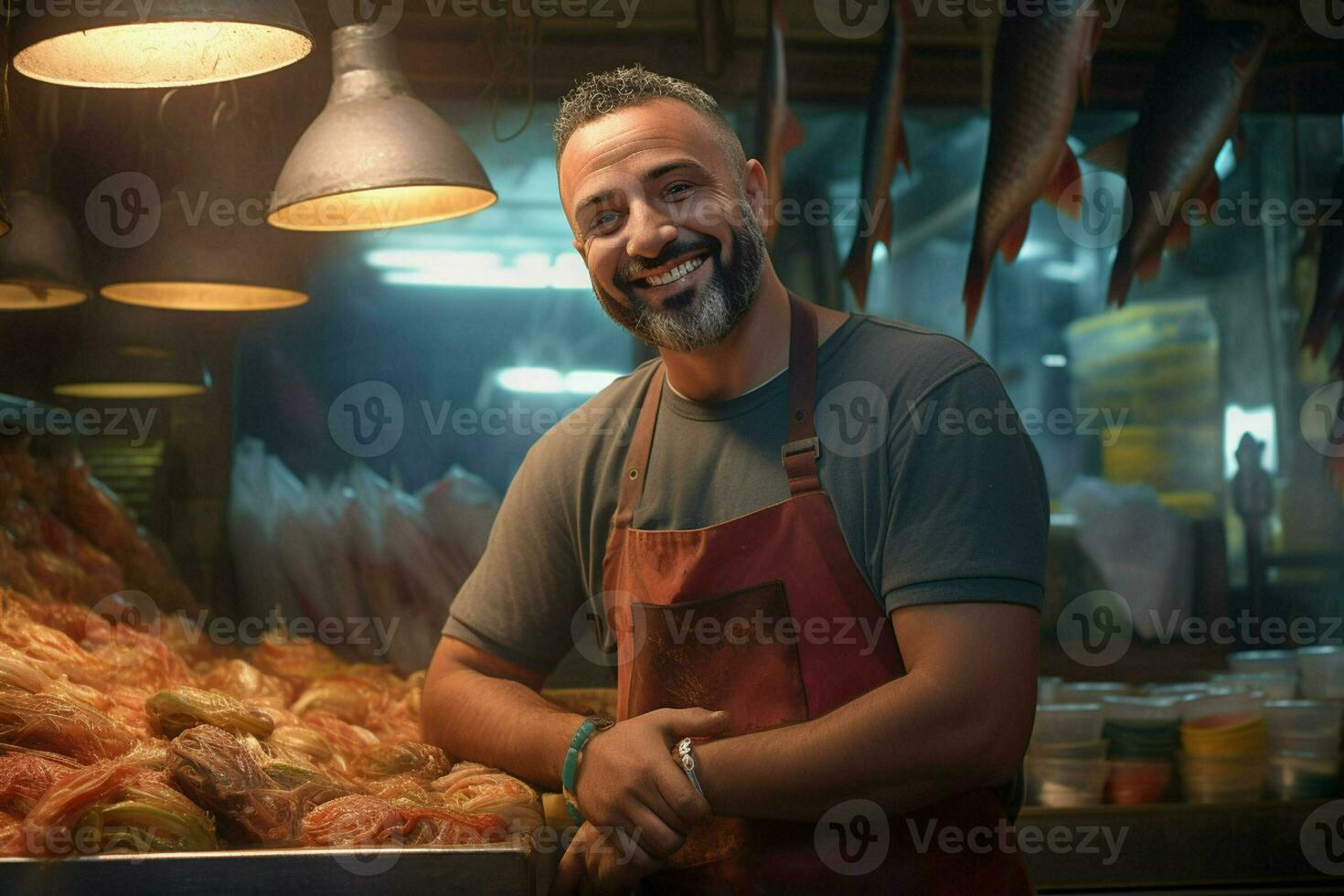 Porträt von ein lächelnd mittleren Alters Mann Verkauf frisch Fisch im ein Fisch Geschäft. ai generiert foto