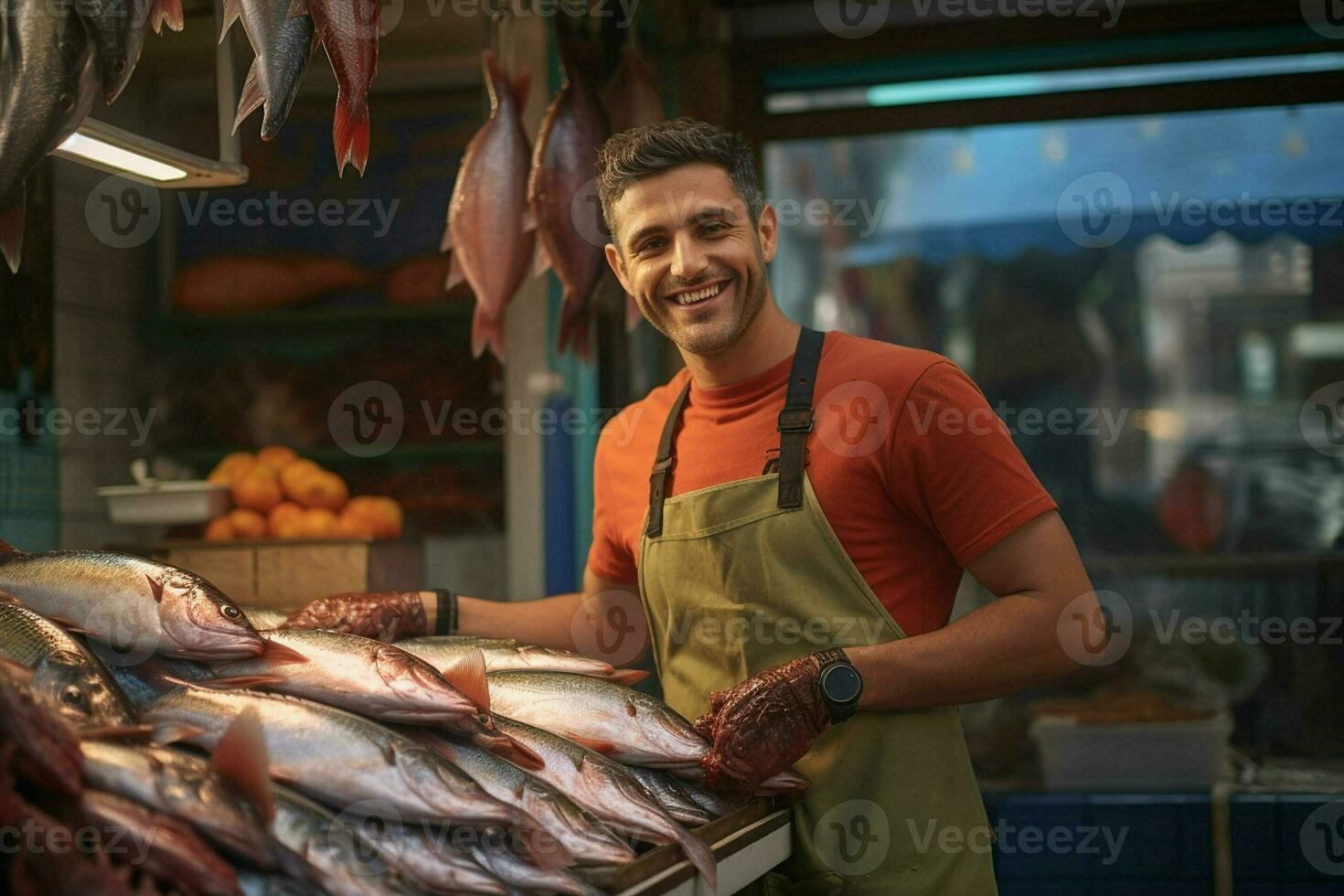 Porträt von ein lächelnd mittleren Alters Mann Verkauf frisch Fisch im ein Fisch Geschäft. ai generiert foto