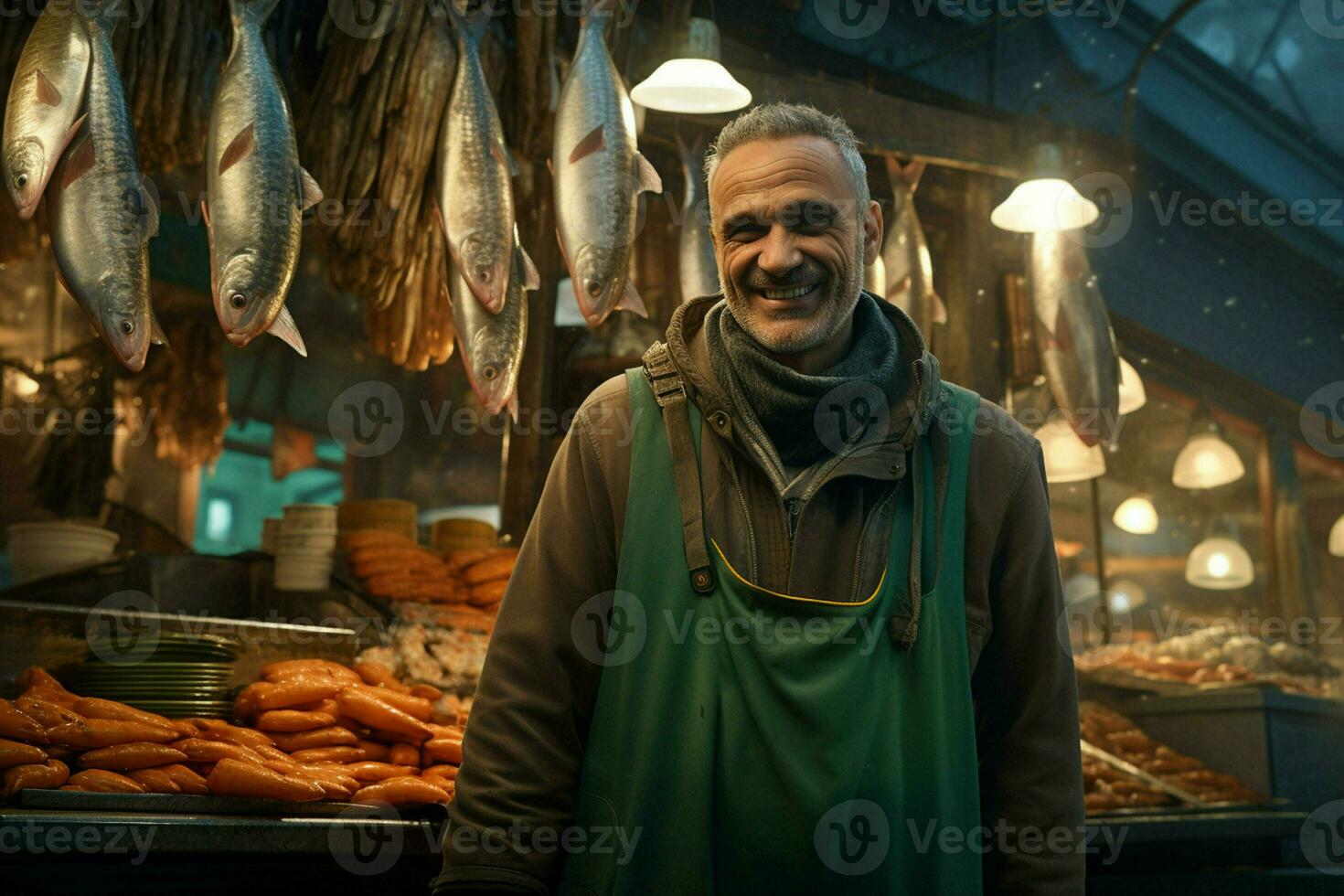 Porträt von ein lächelnd mittleren Alters Mann Verkauf frisch Fisch im ein Fisch Geschäft. ai generiert foto