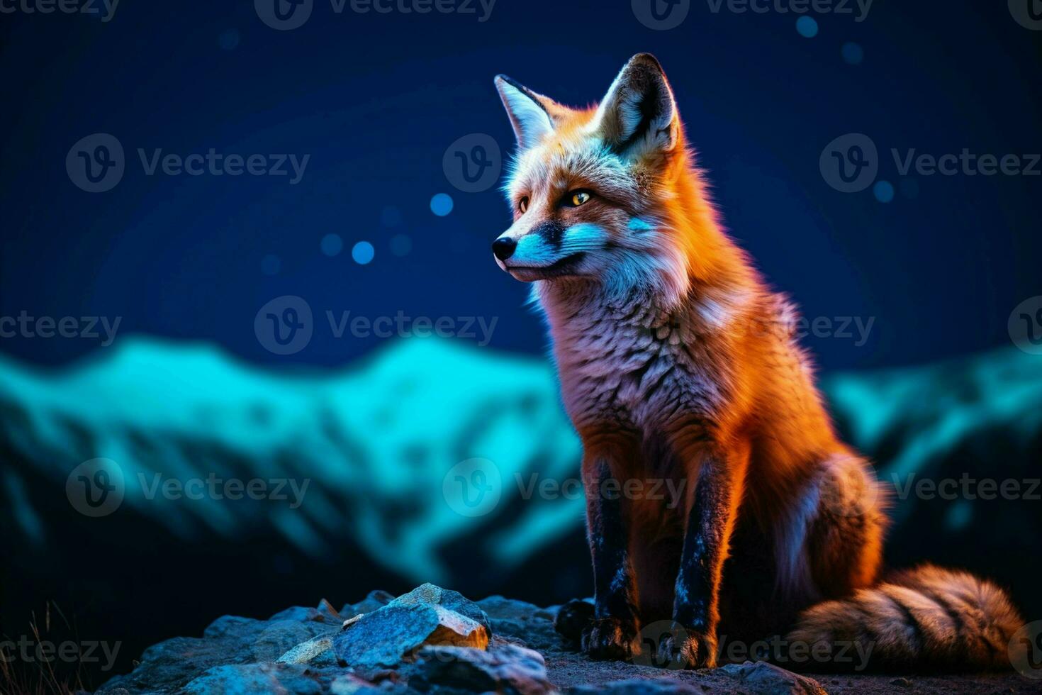 schön Fuchs auf das Hintergrund von das Nacht Himmel und Berge. ai generiert Profi Foto