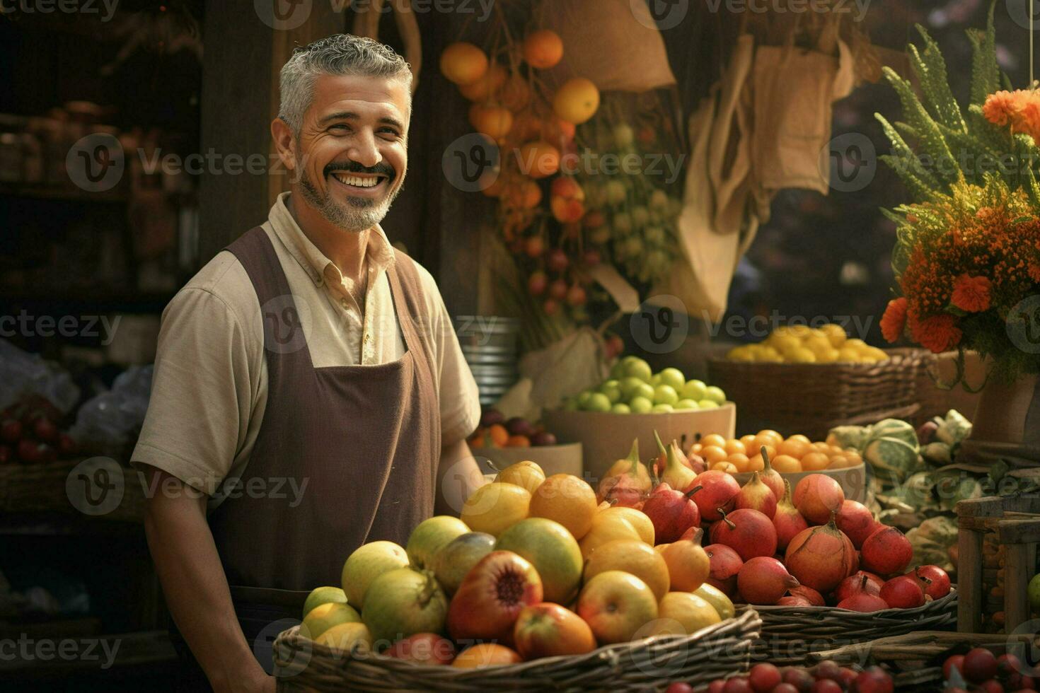 Porträt von ein lächelnd Mann Verkauf Früchte im ein Obst Geschäft. ai generiert Profi Foto