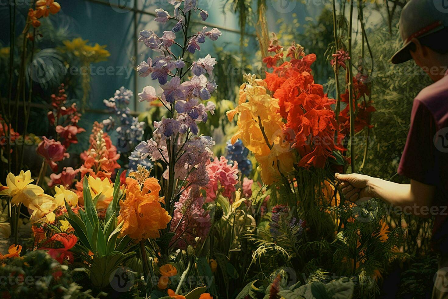 Florist halten Korb mit schön Strauß von Frühling Blumen im Garten. ai generiert Profi Foto