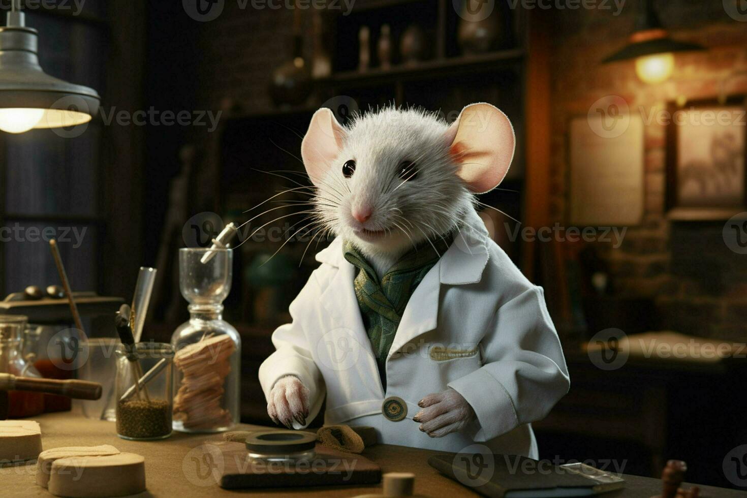 süß Weiß Ratte im ein Labor Mantel auf ein dunkel Hintergrund. ai generiert Profi Foto