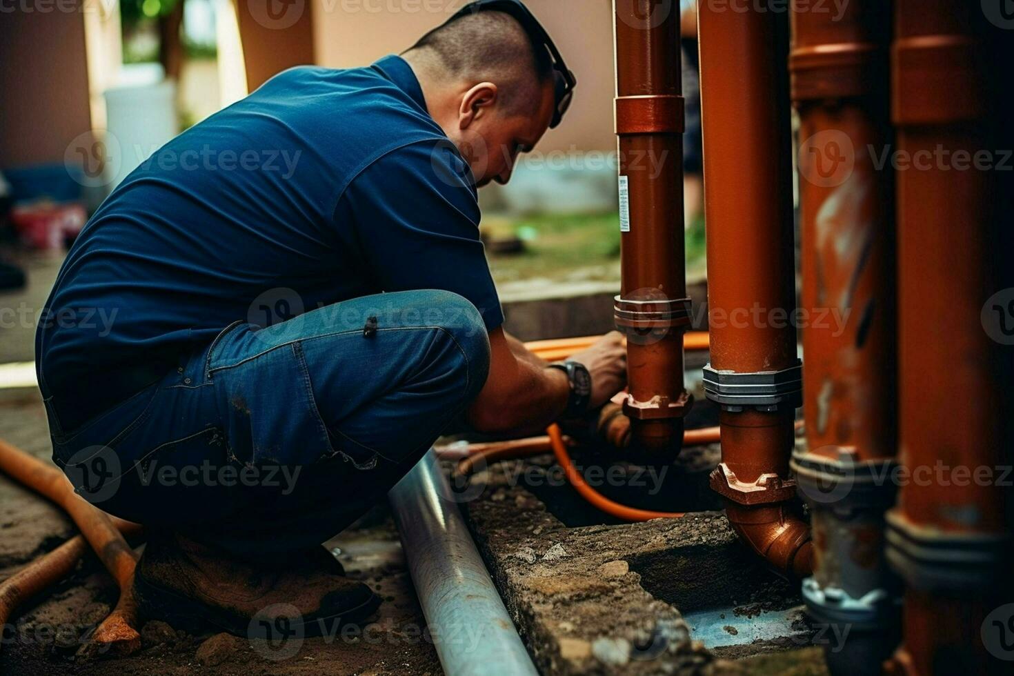 Nahansicht von ein Klempner reparieren Rohre im ein Gebäude. ai generiert Profi Foto