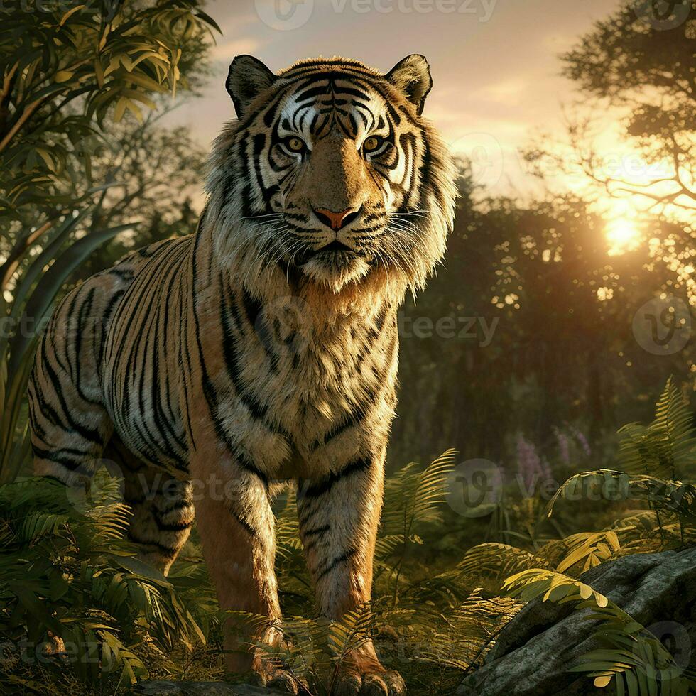 Tiger im das Wald beim Sonnenuntergang. Tierwelt Szene. Digital malen. ai generiert Profi Foto