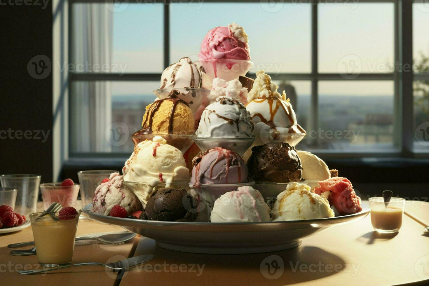 Vielfalt von bunt Eis Sahne im Waffel Zapfen, Nahaufnahme. ai generiert Profi Foto