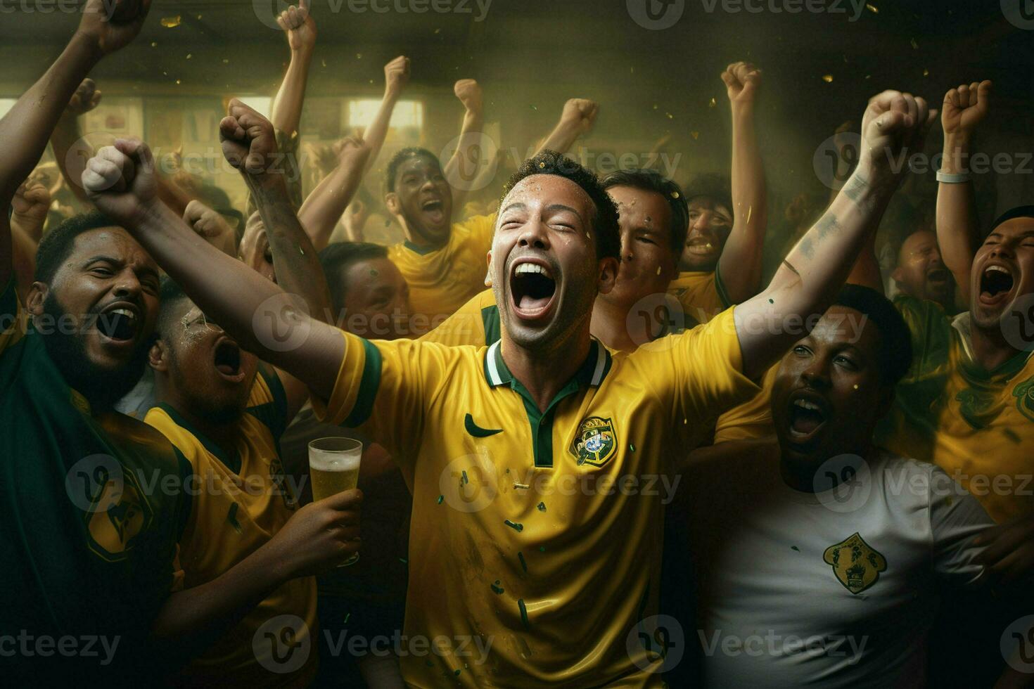 aufgeregt Brasilien Fußball Fans Jubel zum ihr Mannschaft während ein Spiel beim Stadion. ai generiert Profi Foto