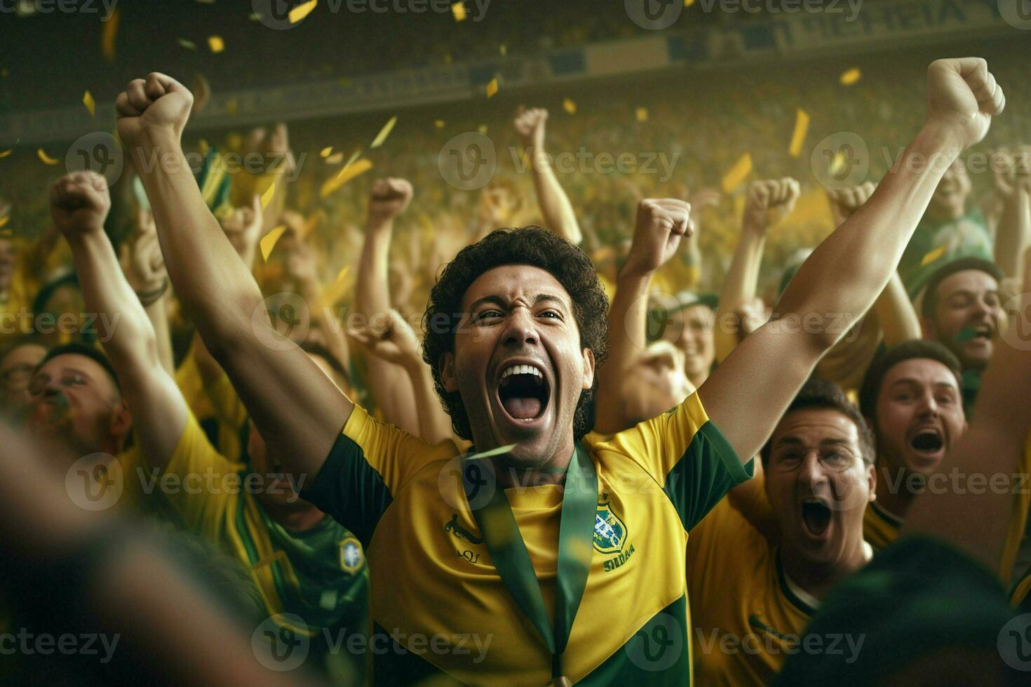 aufgeregt Brasilien Fußball Fans Jubel zum ihr Mannschaft während ein Spiel beim Stadion. ai generiert Profi Foto