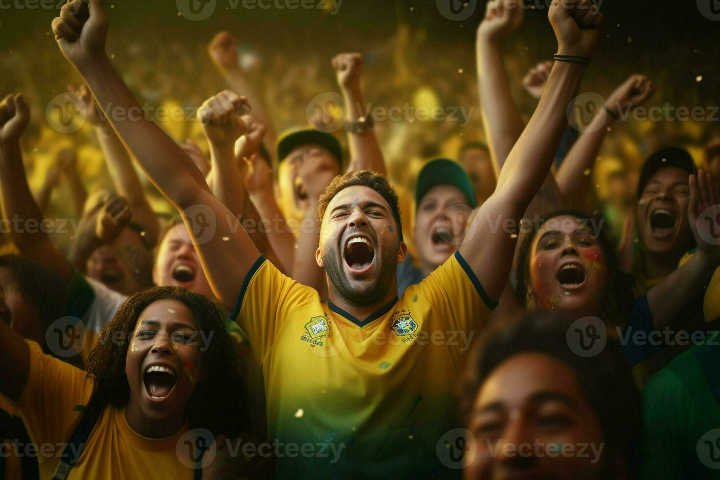 aufgeregt Brasilien Fußball Fans Jubel zum ihr Mannschaft während ein Spiel beim Stadion. ai generiert Profi Foto