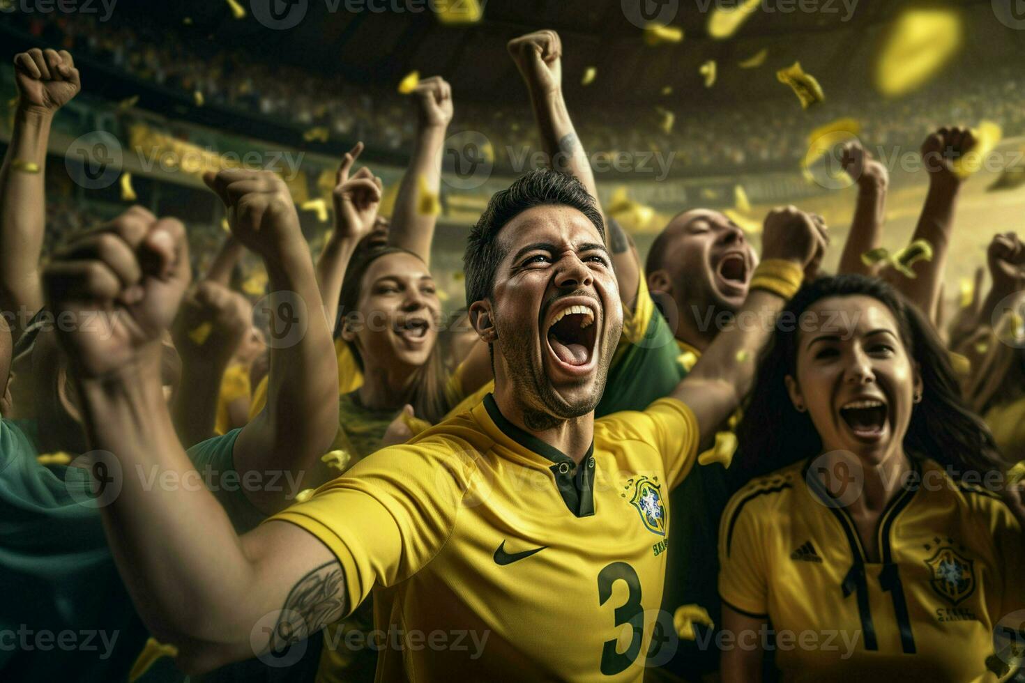 aufgeregt Brasilien Fußball Fans Jubel zum ihr Mannschaft während ein Spiel beim Stadion. ai generiert Profi Foto