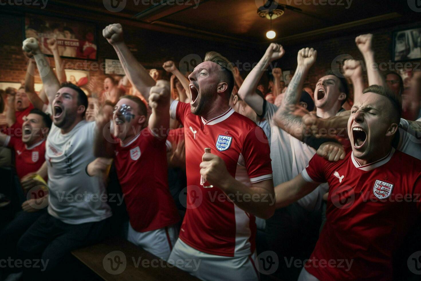 aufgeregt England Fußball Fans Jubel zum ihr Mannschaft während ein Spiel beim Stadion. ai generiert Profi Foto