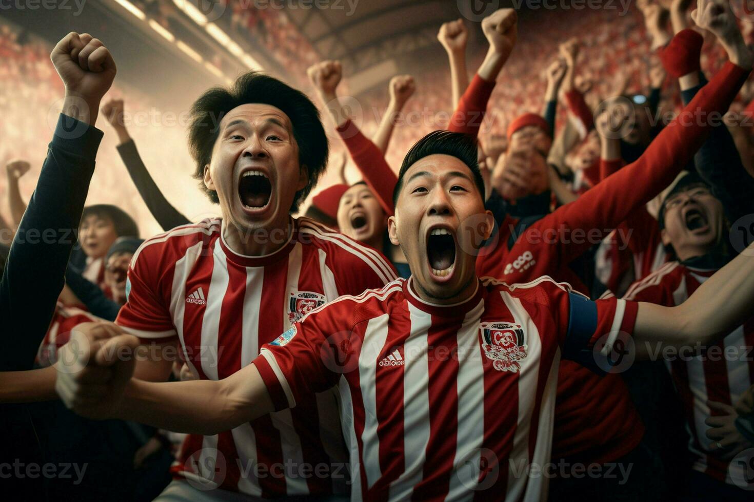 aufgeregt Japan Fußball Fans Jubel zum ihr Mannschaft während ein Spiel beim Stadion. ai generiert Profi Foto