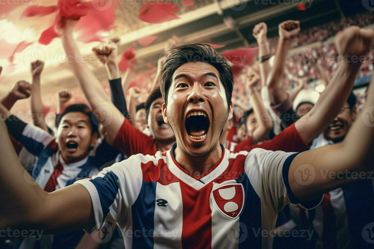 aufgeregt Japan Fußball Fans Jubel zum ihr Mannschaft während ein Spiel beim Stadion. ai generiert Profi Foto