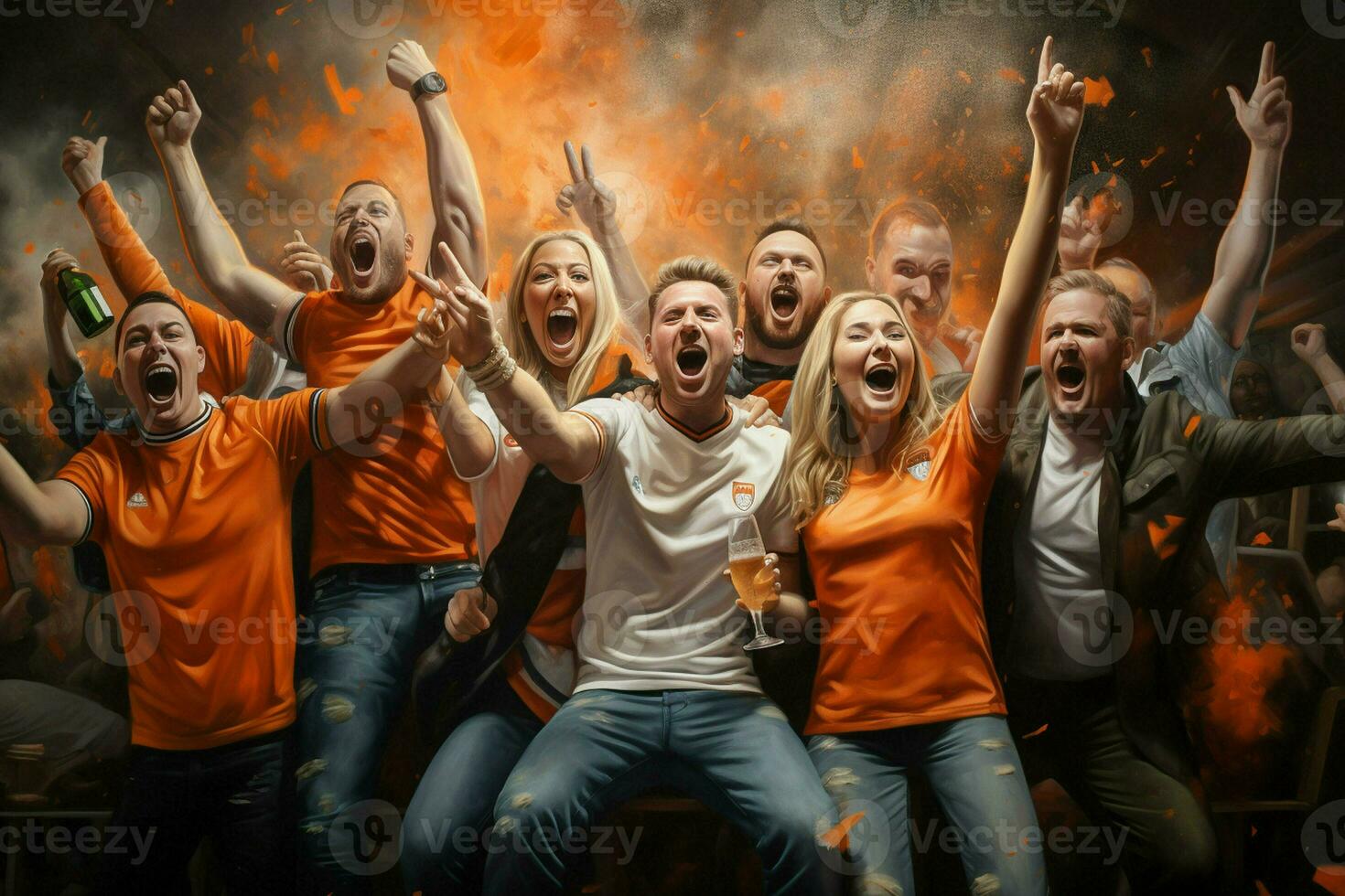 aufgeregt Niederlande Fußball Fans Jubel zum ihr Mannschaft während ein Spiel beim Stadion. ai generiert Profi Foto